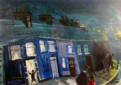 NICK HOLLY mixed media - street scene at night with figures and young boy on doorstep, signed, 14