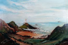 L. JAMES - oil on canvas - naive school of painting a view down to a bay, waves breaking onto a