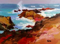 DONALD McINTYRE acrylic - waves breaking onto rocks, Attic Gallery label verso with title 'Surf