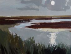 DONALD McINTYRE acrylic / watercolour on card - tranquil estuary landscape with reeds in the