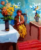 DONALD McINTYRE oil on board - woman seated on chair between two vases of flowers, entitled verso '