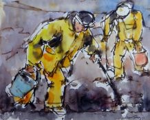 WILLIAM SELWYN watercolour - two cockle picking figures in yellow waterproofs and with buckets,