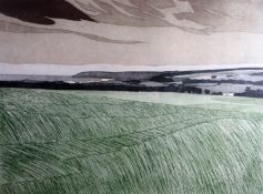 JOHN BRUNSDON limited edition (8/125) print - expansive view across field towards the shoreline,