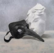 DAVID KNIGHT oil on canvas - Venetian style pantomine masks, entitled verso 'Death and The