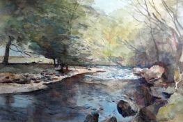 ARTHUR MILES watercolour - view of stream running through woodland with sheep on the bank,