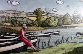 ALAN (E A) WiLLIAMS acrylic on canvas - a young female sitting on a rowing boat on edge of lake with