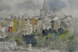 JOHN KNAPP-FISHER watercolour - view of church and houses in far distance, entitled verso 'Tenby',
