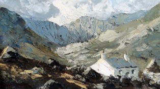CHARLES WYATT WARREN oil on board - Snowdonia with cottage, entitled verso 'From Llanberis',