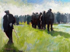 ANEURIN JONES oil on paper - large group of standing men in field, entitled verso 'Ceredigion Farm