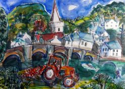 ROBERT MACDONALD watercolour - bright colourful town scene with tractor in foreground, bridge over