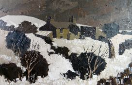 TOM GERRARD oil on board - farmhouse and outbuildings on mountainside entitled verso 'Bodafon,