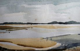 GWILYM PRICHARD watercolour - Foryd Bay, Caernarfon looking towards Anglesey with two figures on the