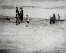DONALD McINTYRE limited edition (3/10) print - figures walking with dog on coastline, mounted but