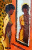 DONALD McINTYRE acrylic on panel - nude female at a mirror, signed with initials, 12 x 8 ins (30 x