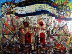 IAN BANHAM oil on canvas - colourful semi-abstract Welsh mining vilage, entitled verso 'Dyffryn