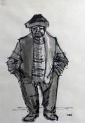 KAREL LEK pen and ink wash - man wearing cap with hands in pockets, signed 11 x 8 ins (28 x 20 cms)