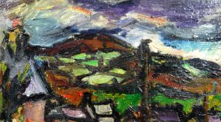 PETER PRENDERGAST oil on board - landscape entitled verso 'Telegraph Poles II' and bearing other