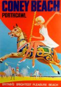 MANNER OF HARRY RILEY vintage holiday poster - 'Coney Beach, Porthcawl' showing a female riding on a