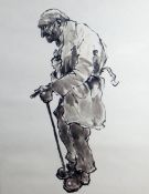 SIR KYFFIN WILLIAMS RA print - old farmer with stick, signed with initials, 24 x 16.5 ins (61 x 42