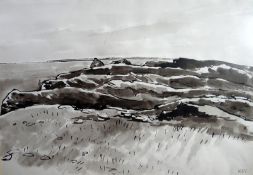 SIR KYFFIN WILLIAMS RA watercolour - view over headland across bay, entitled verso 'Wormshead, North