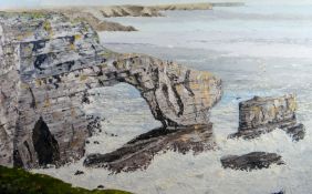 NIGEL MORGAN oil on board - waves crashing onto rocks, entitled 'Y Bont Werdd, Sir Benfro', with