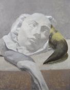 DAVID KNIGHT oil on canvas - mask with animal horn, entitled verso 'Minator', indistinctly signed,