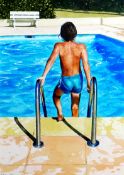 MIKE BRISCOE watercolour - view of young male stepping into swimming pool, Martin Tinney Gallery