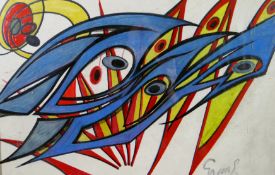 MERLYN EVANS rare mixed media original - colourful abstract, signed to both sides, 11 x 17.5 ins (28