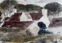 JOHN KNAPP-FISHER watercolour - view of whitewashed cottages with trees in background, entitled