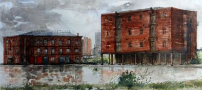 MARY TRAYNOR watercolour - view of warehouses and dock buildings at Cardiff Docks, dated verso 1997,