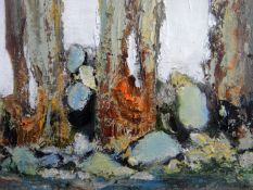 ELIZABETH THOMAS oil on card - abstract view of seashore with water breaking onto rocks, Attic