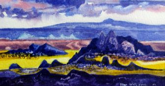 STAN WILLIAMS acrylic on card - view of distant mountains from the shoreline, entitled verso, '