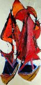 JOHN UZZELL EDWARDS oil on board - abstract view of red sails in wind, entitled 'Red Sails', 48 x 24