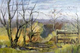 GOMER LEWIS acrylic on canvas - landscape with trees, entitled verso 'Common', unsigned (