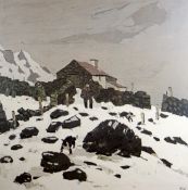 SIR KYFFIN WILLIAMS RA print - farmer and dogs on snowy mountainside with farm buildings in