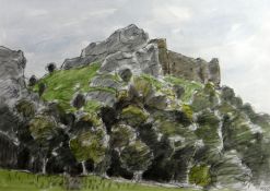 SIR KYFFIN WILLIAMS RA watercolour - rocky landscape with trees in foreground entitled verso 'Carreg