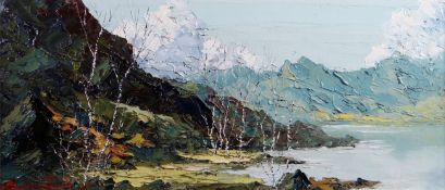CHARLES WYATT WARREN oil on board - entitled verso 'Near Llyn Mymbyr', signed, 9.5 x 21.5 ins (24