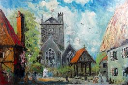 ATTRIBUTED TO JOHN PIPER oil on board - village with church, thatched cottage and figures, inscribed