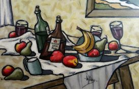 ALAN (E A) WILLIAMS acrylic on watercolour paper - still life of fruit, wine glasses and wine