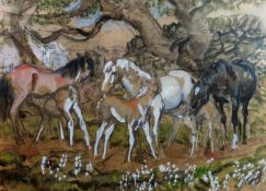 CHARLES FREDERICK TUNNICLIFFE mixed media - study of horses and their foals in a wooded landscape,