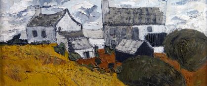 GWILYM PRICHARD oil on board - whitewashed farm buildings in background with outbuildings and