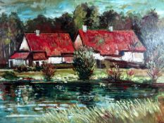 ANDREW VICARI oil on board - view of two cottages with pond to foreground with woods behind,