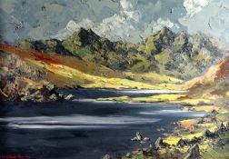 CHARLES WYATT WARREN oil on board - view of lake with Snowdon in background, entitled verso 'View