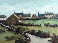 WILF ROBERTS oil on canvas - lane leading to village street with chapel and houses, entitled 'Hebron