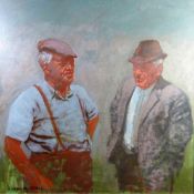 ANEURIN JONES oil on board - two farmers in conversation, signed, 24.5 x 24.5 ins (62 x 62 cms)