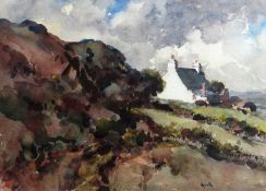 GYRTH RUSSELL watercolour - whitewashed farmhouse on mountainside, signed, 10.5 x 14 ins (26 x 36