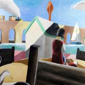 EMRYS WILLIAMS oil on board - whimsical view of a lady walking her dog and featuring steam train