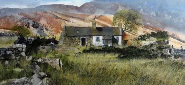 MALCOLM EDWARDS watercolour - derelict cottage in foreground with Cwm Dulyn to rear, Albany