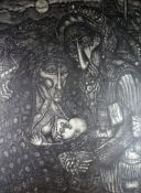 NICK EVANS oil on board - large depiction of miner holding female, breast feeding a baby, with