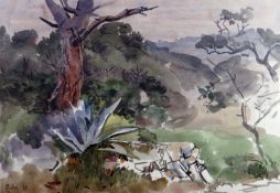 EDWIN JOHN watercolours - group of five various scenes in France 1) dead tree on mountainside, 14